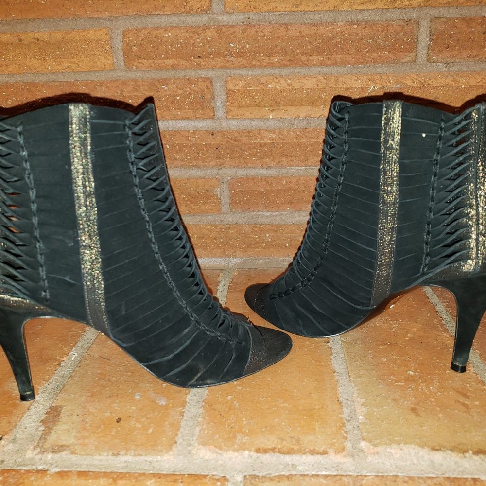 Elie Tahari Black/Gold Suede Peep Toe Woven Mid-Calf Bootie Size 38 1/2